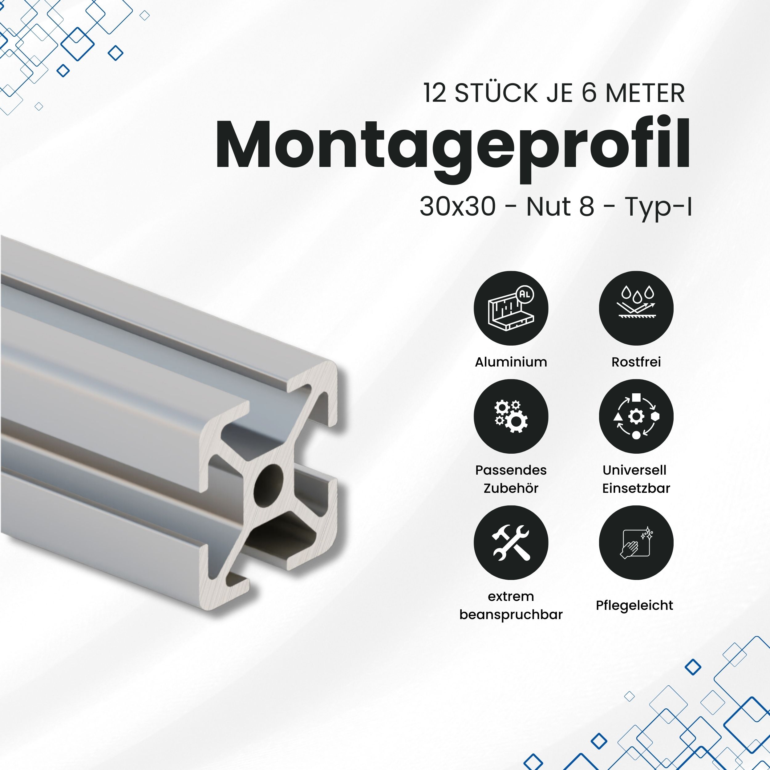 Alu Profil 12 Stück 30x30mm 6m System-, Montage-, Konstruktionsprofil Nut 8