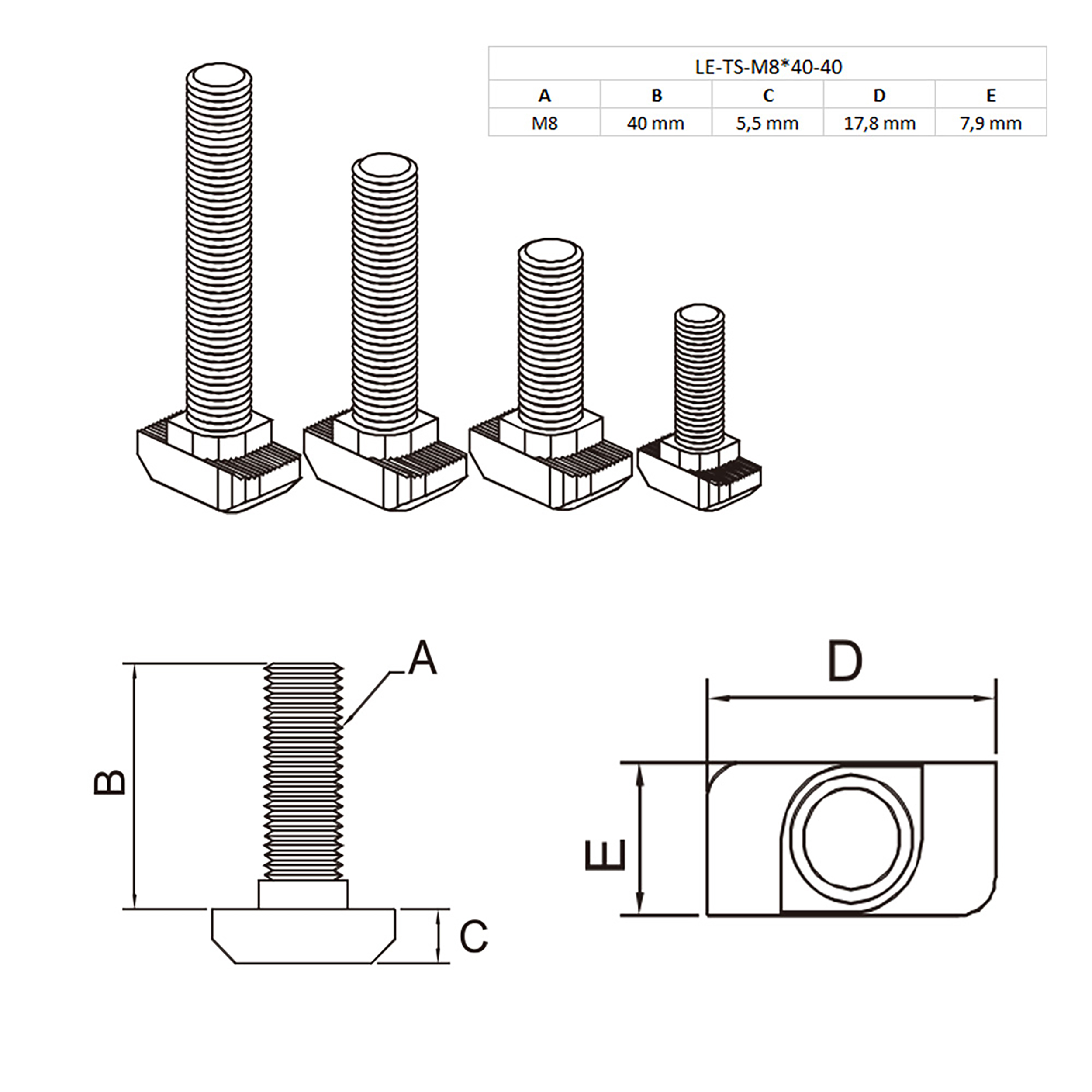 Edelstahl Hammerschraube T-Schraube M8 40mm Nut 8 für Aluprofil 40-er 1 Stück + Mutter Edelstahl Hammerkopfschraube T-Schraube M8 40mm Nut 8 Aluprofil 40-er 1 Stück + Mutter