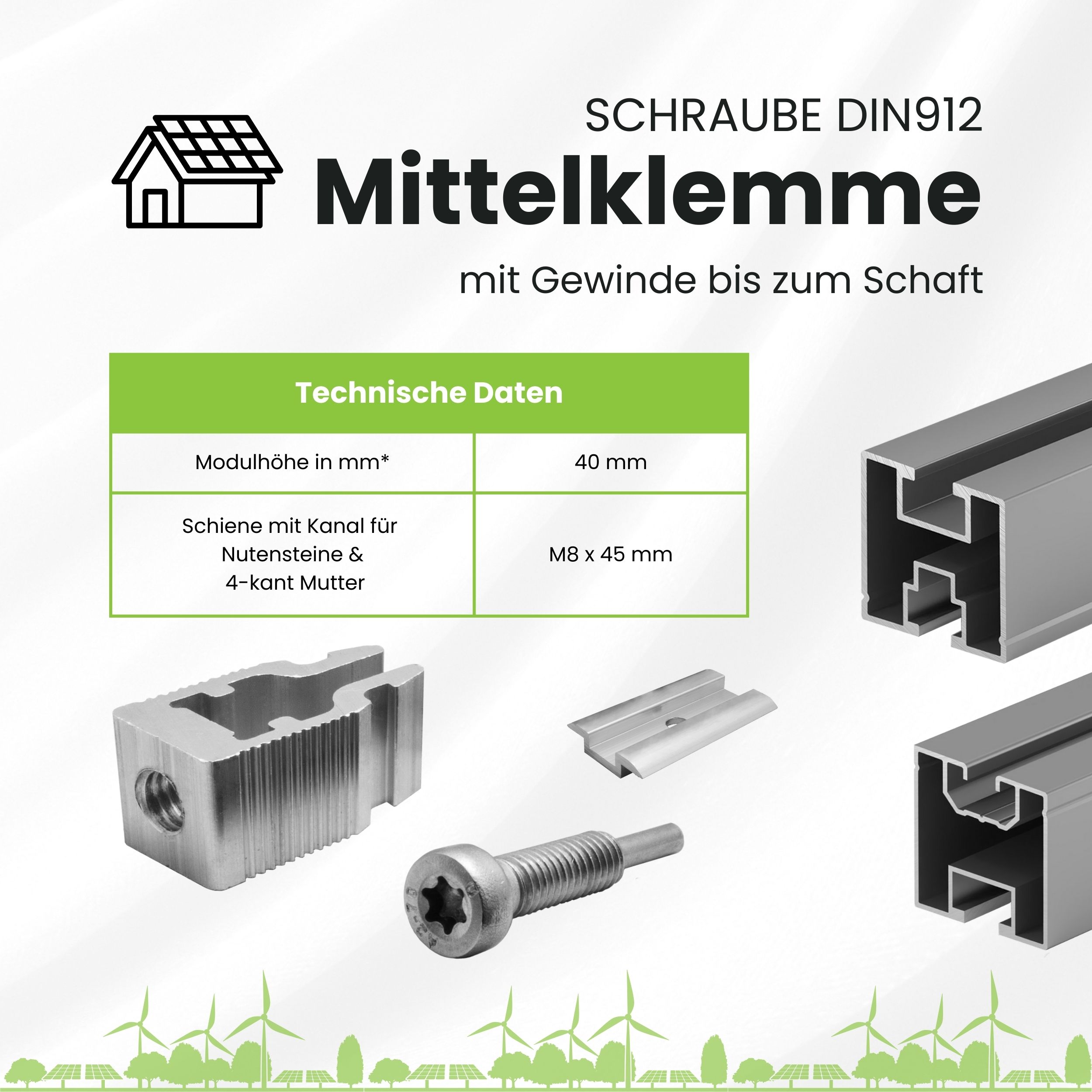 Solarprofile - 1x Mittelklemme silber - ohne MwSt. - TKSK-30 - PV-Profile - für Kreuzklemme - Zubehör