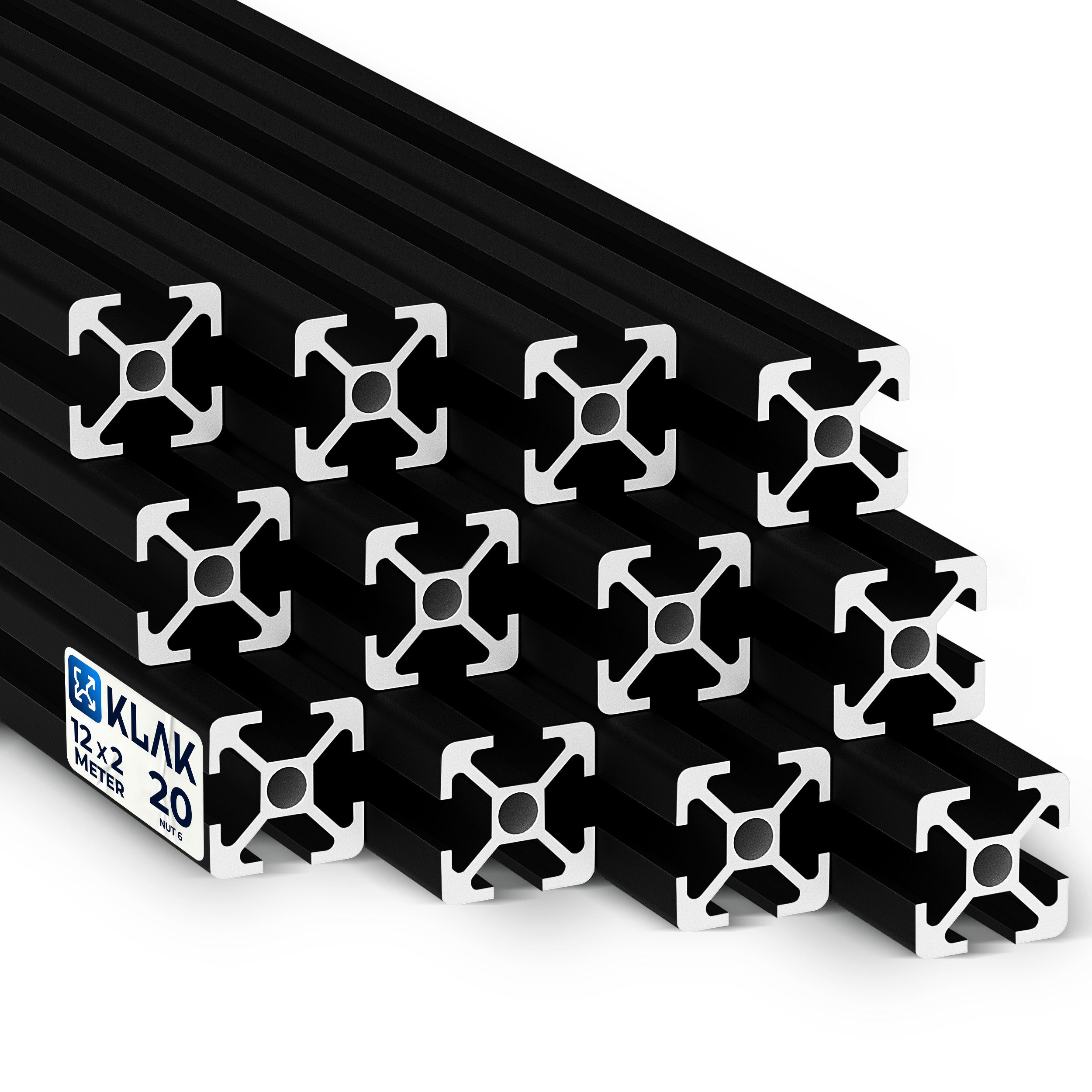 Alu Profil 12 Stück 20x20mm 2m System-, Montage-, Konstruktionsprofil Nut 6 schwarz