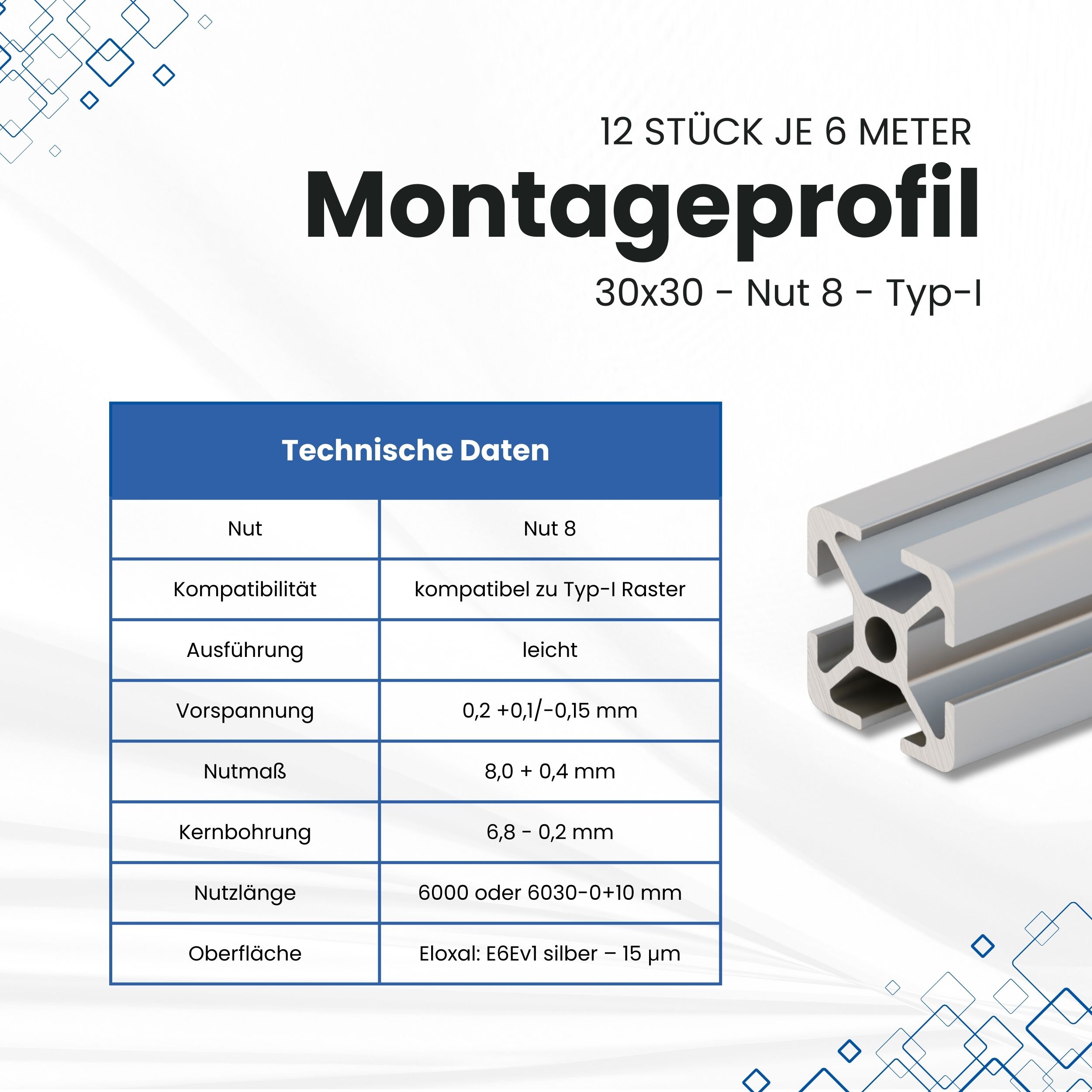 Alu Profil 12 Stück 30x30mm 6m System-, Montage-, Konstruktionsprofil Nut 8 Alu Profil 12 Stück 30x30mm 6m System-, Montage-, Konstruktionsprofil Nut 8