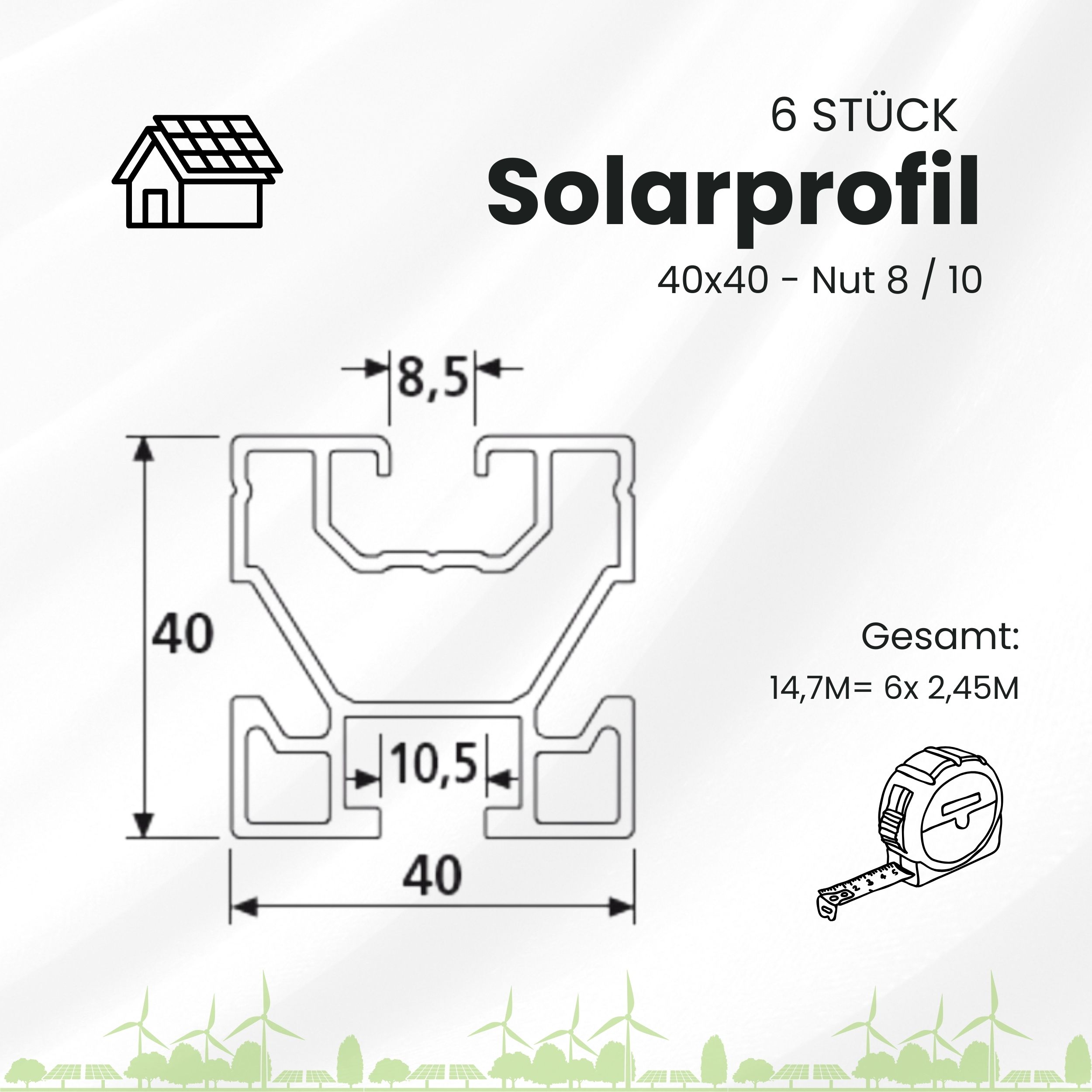 Solarprofile - 6x 40x40 - 2,45m - silber Profile - ohne MwSt. - TKSK-30 - PV-Profile - für Kreuzklemme - Zubehör