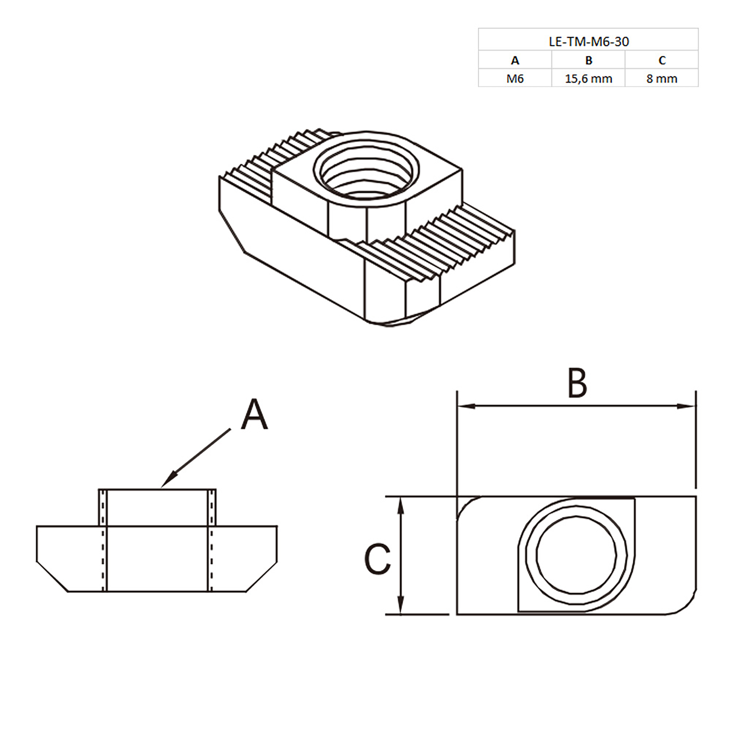 Hammermutter Nutenstein M6 Nut 8 für Aluprofil 30-er Hammermutter Nutenstein M6 Nut 8 für Aluprofil 30-er - 100 Stück