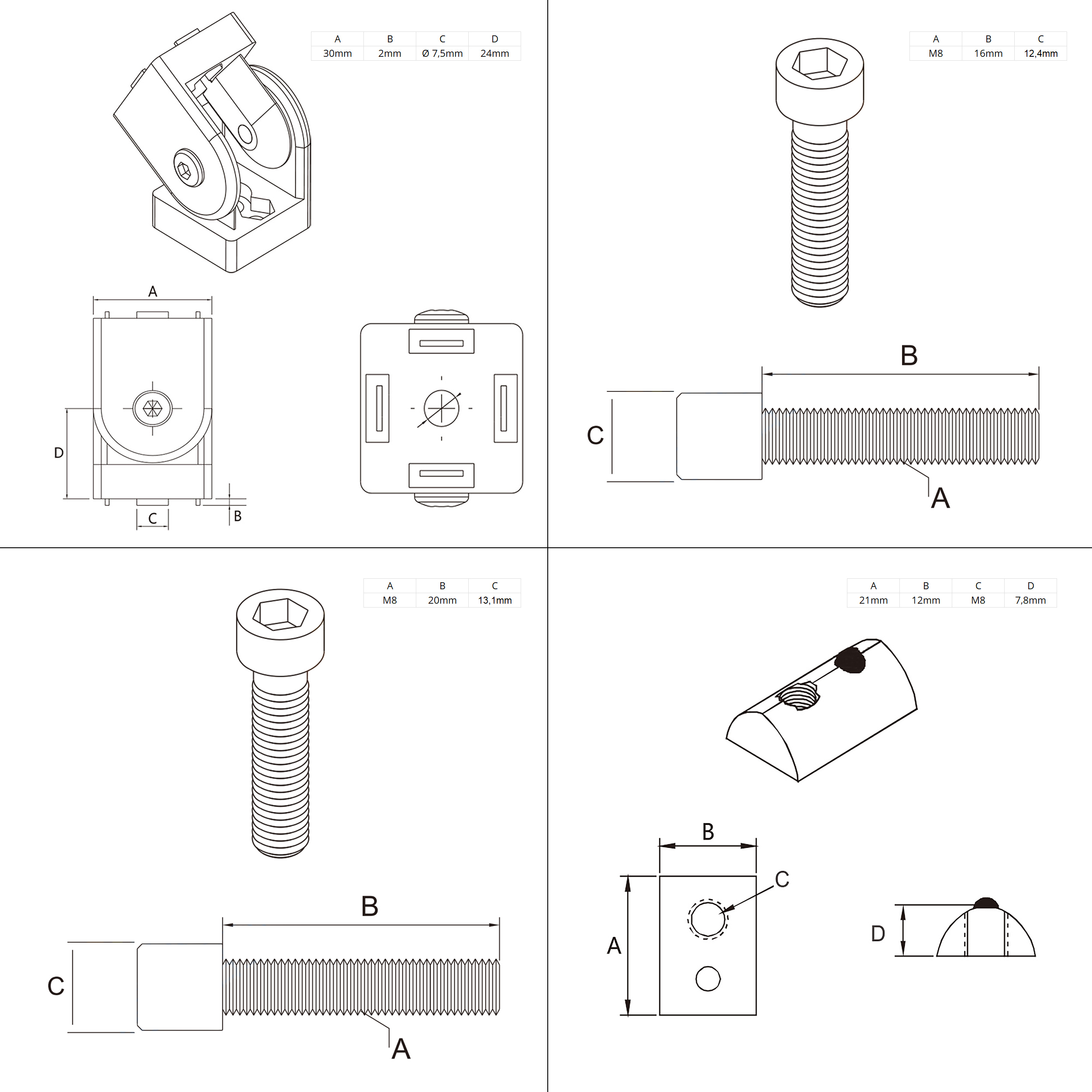 Gelenkverbinder Gelenk Winkelverbinder Nut 8 für Aluprofil 30-er schwarz Gelenkverbinder Gelenk Winkelverbinder Nut 8 für Aluprofil 30-er schwarz - 4 Stück