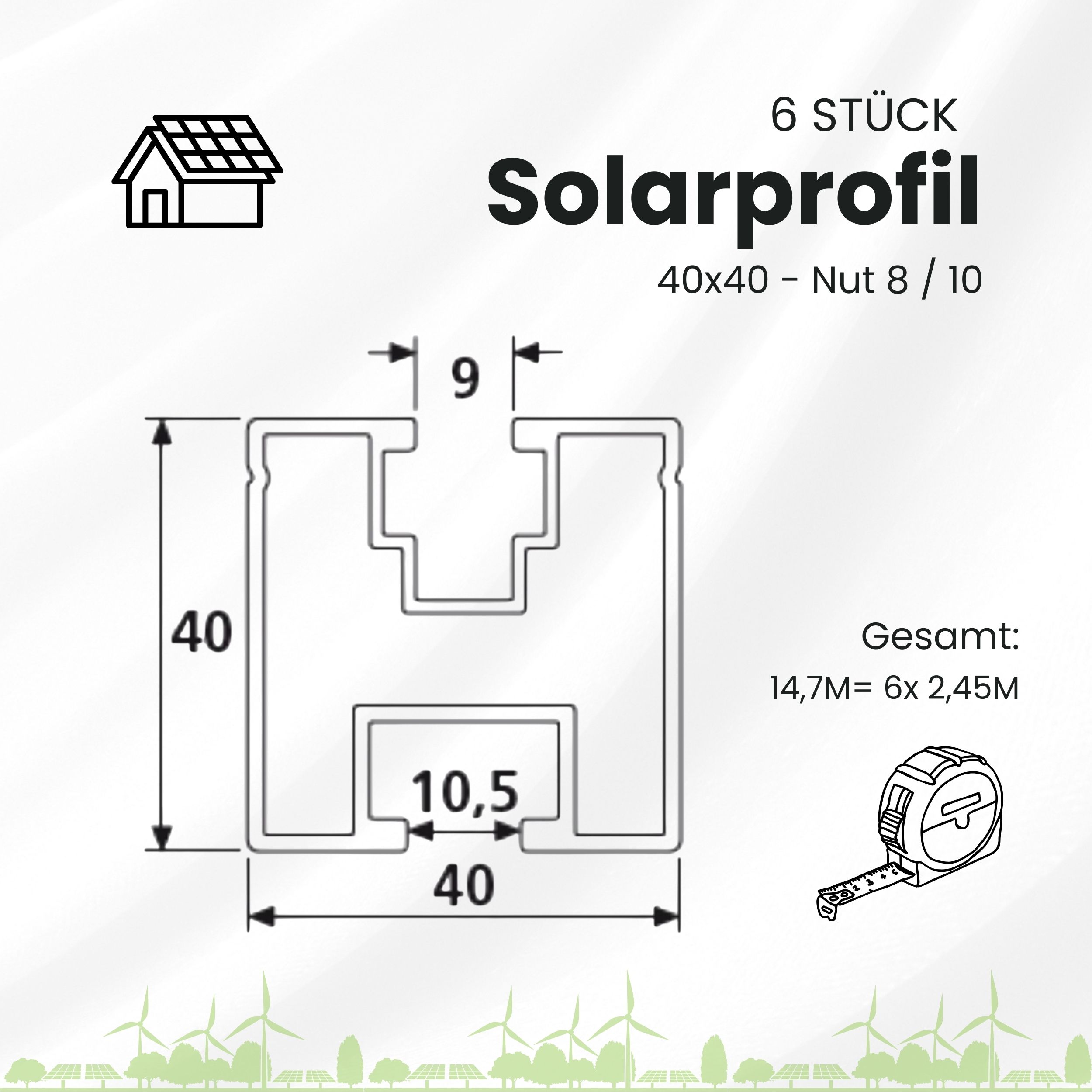 6x Alu Solarprofile 40x40 - 2,45m - Nut 8/10 - Typ-S, PV-Profile - Photovoltaik Solarprofile - 6x 40x40 - 2,54m - silber Profile - ohne MwSt. - TKS-40 - PV-Profile - Zubehör - Befestigungssystem
