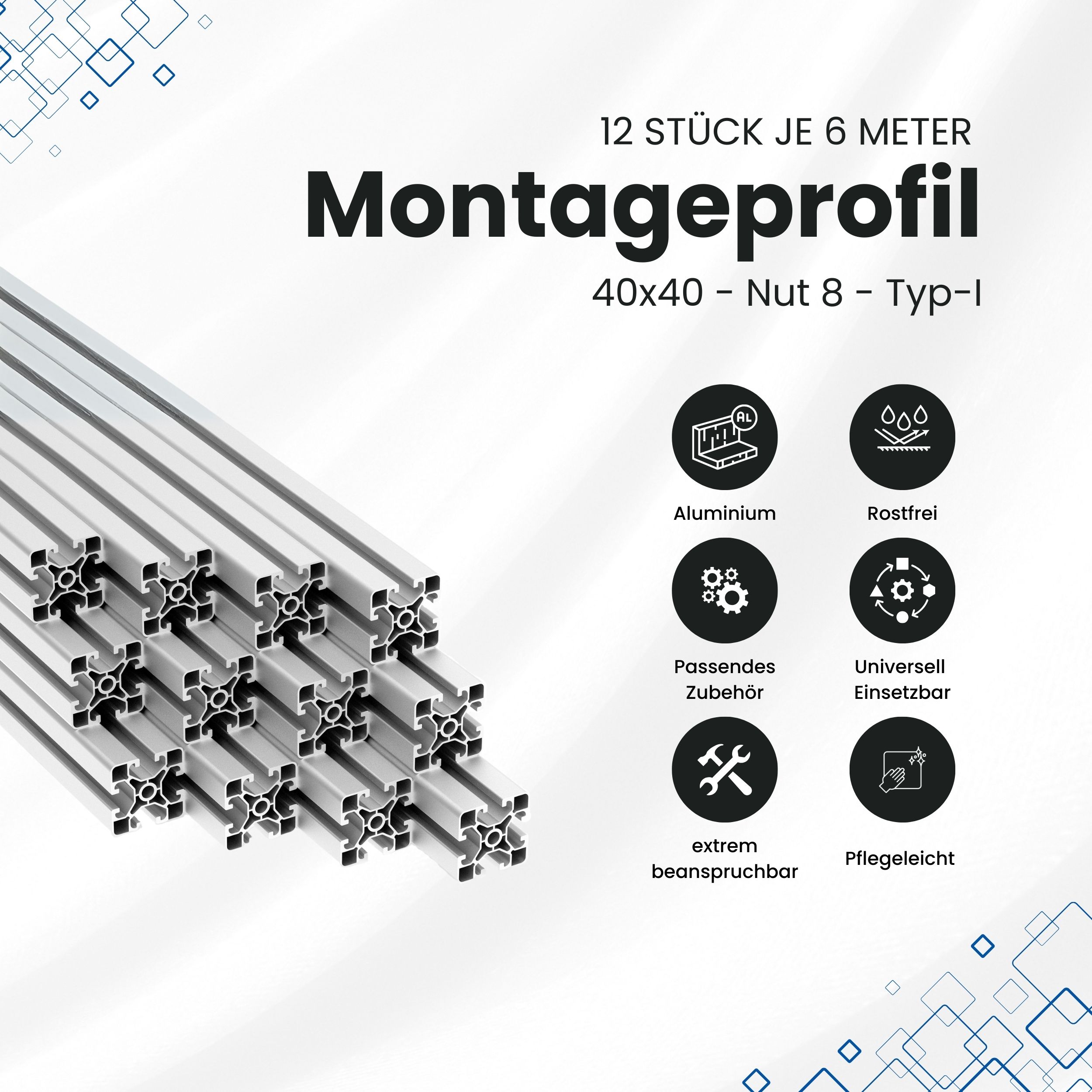 Alu Profil 12 Stück 40x40mm light 6m System-, Montage-, Konstruktionsprofil Nut8