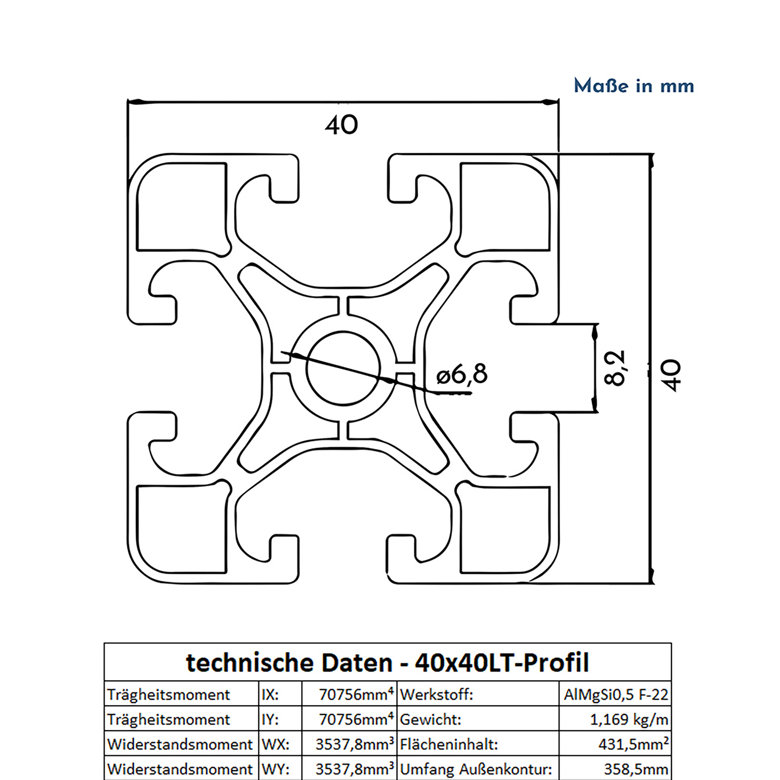 ALU Profil Aluprofil 40x40mm light Nut 8 Aluminium Systemprofil Typ I 100-2000mm ALU Profil Aluprofil 40x40mm light Nut 8 Aluminium Systemprofil Typ I 2000mm