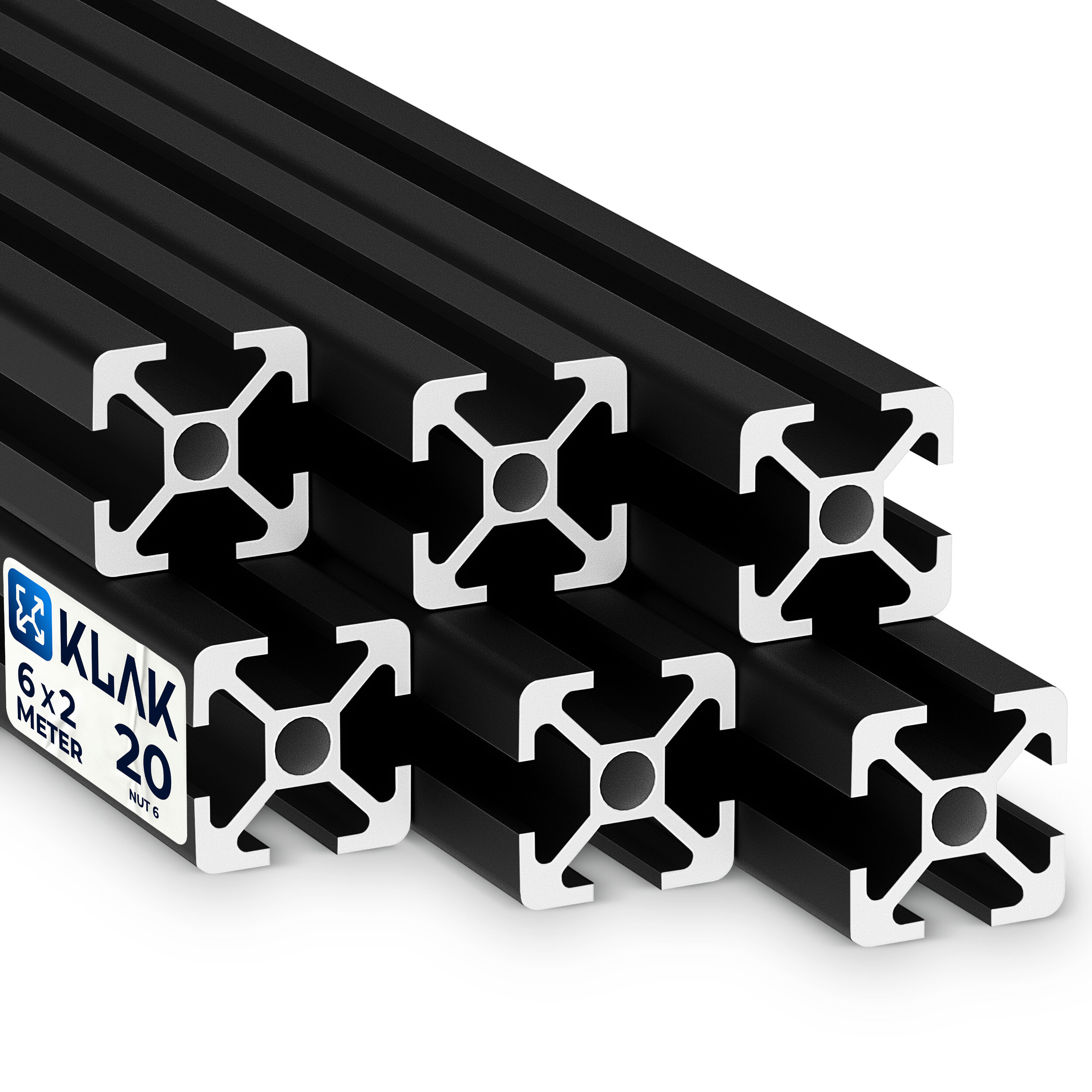 Alu Profil 6 Stück 20x20mm 2m System-, Montage-, Konstruktionsprofil Nut 6 schwarz