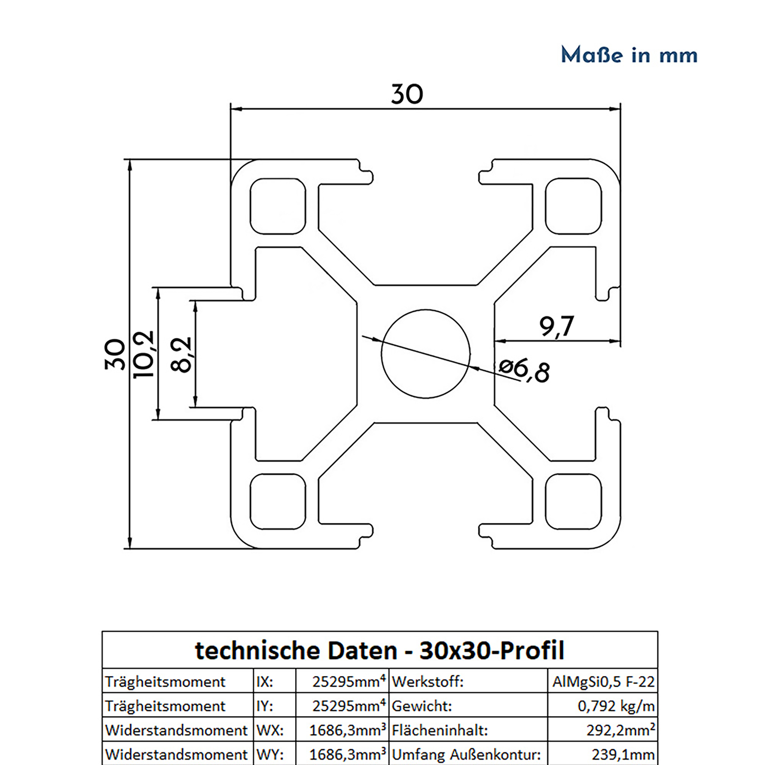 ALU Profil Aluprofil 30x30mm Nut 8 Aluminium Systemprofil Typ B 100mm-2000mm ALU Profil Aluprofil 30x30mm Nut 8 Aluminium Systemprofil Typ B 200cm 2000mm