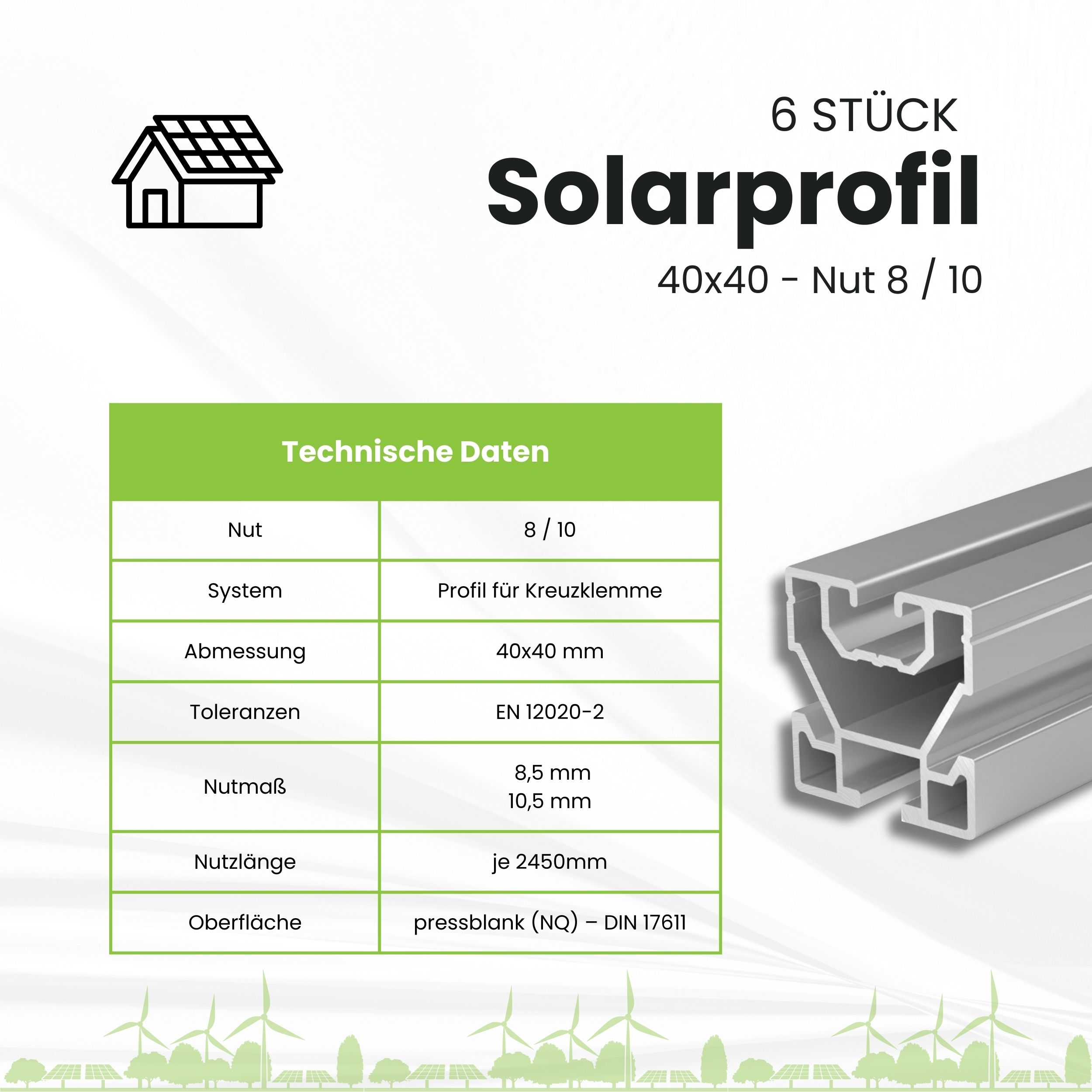 6x Alu Solarprofile 40x40 - 2,45m - Nut 8/10 - für Kreuzklemmen - Photovoltaik Solarprofile - 6x 40x40 - 2,45m - silber Profile - ohne MwSt. - TKSK-30 - PV-Profile - für Kreuzklemme - Zubehör