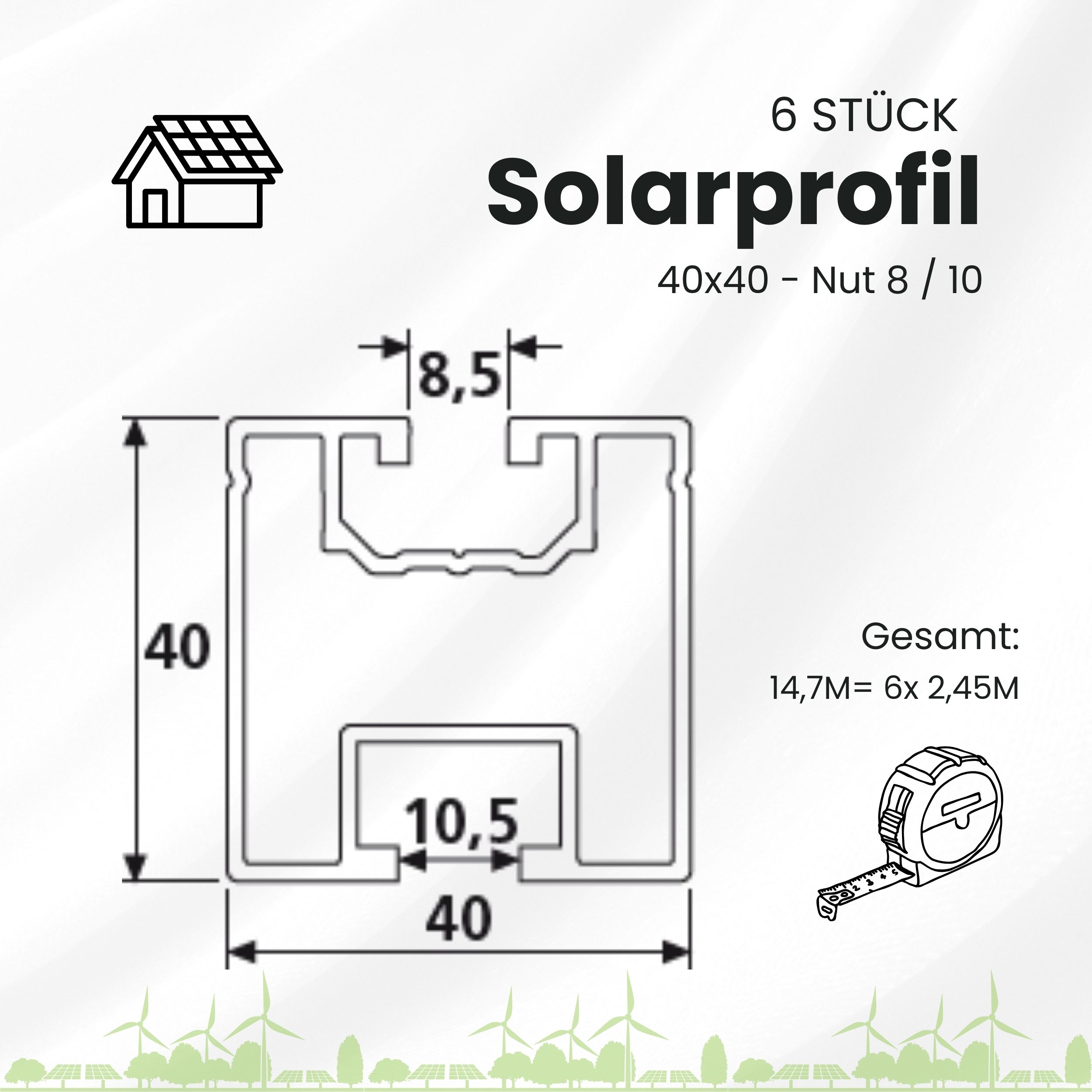 6x Alu Solarprofile 40x40 - 2,45m - Nut 8/10 - Typ-S, PV-Profile - Photovoltaik 6er - ohne MwSt.
