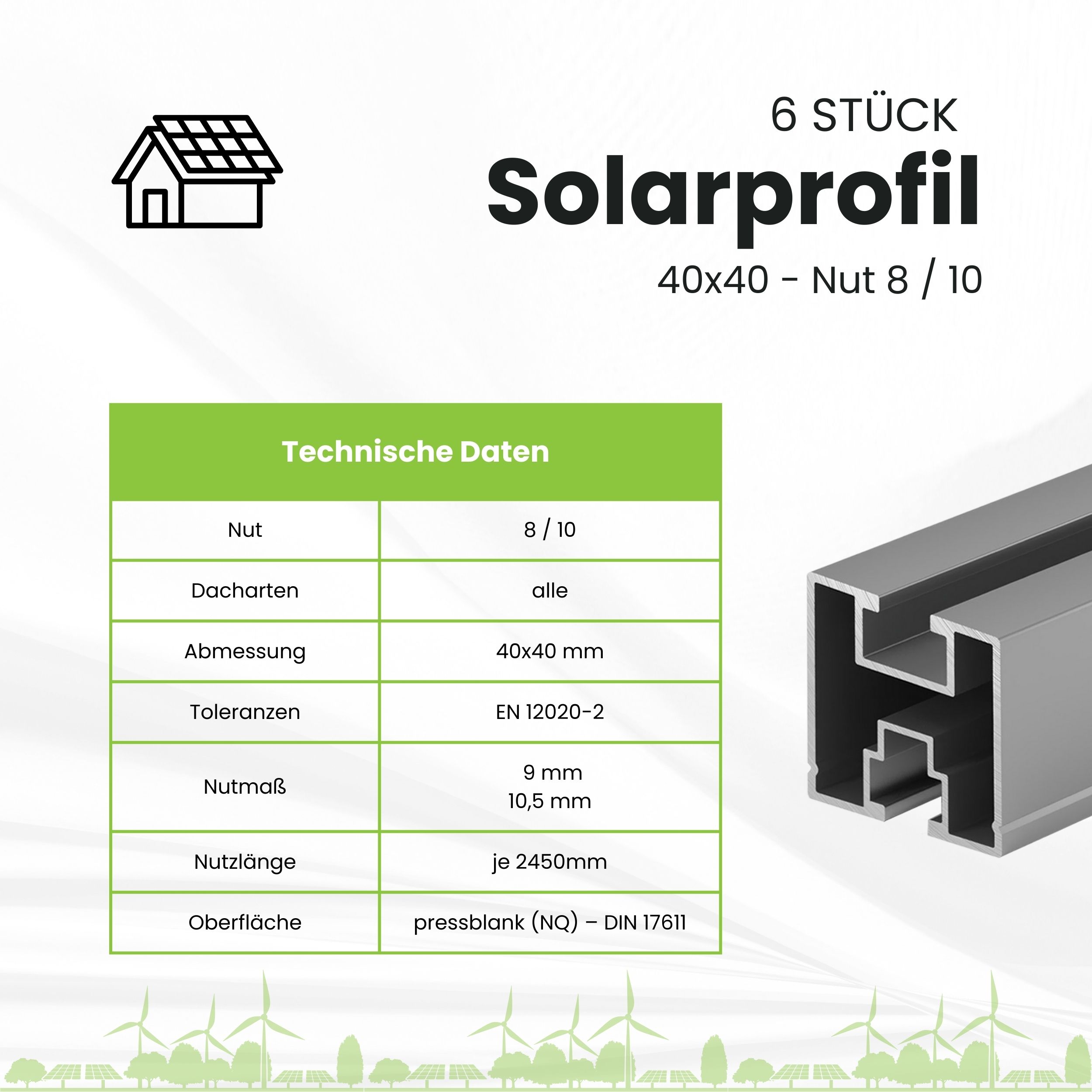 6x Alu Solarprofile 40x40 - 2,45m - Nut 8/10 - Typ-S, PV-Profile - Photovoltaik Solarprofile - 6x 40x40 - 2,54m - silber Profile - ohne MwSt. - TKS-40 - PV-Profile - Zubehör - Befestigungssystem