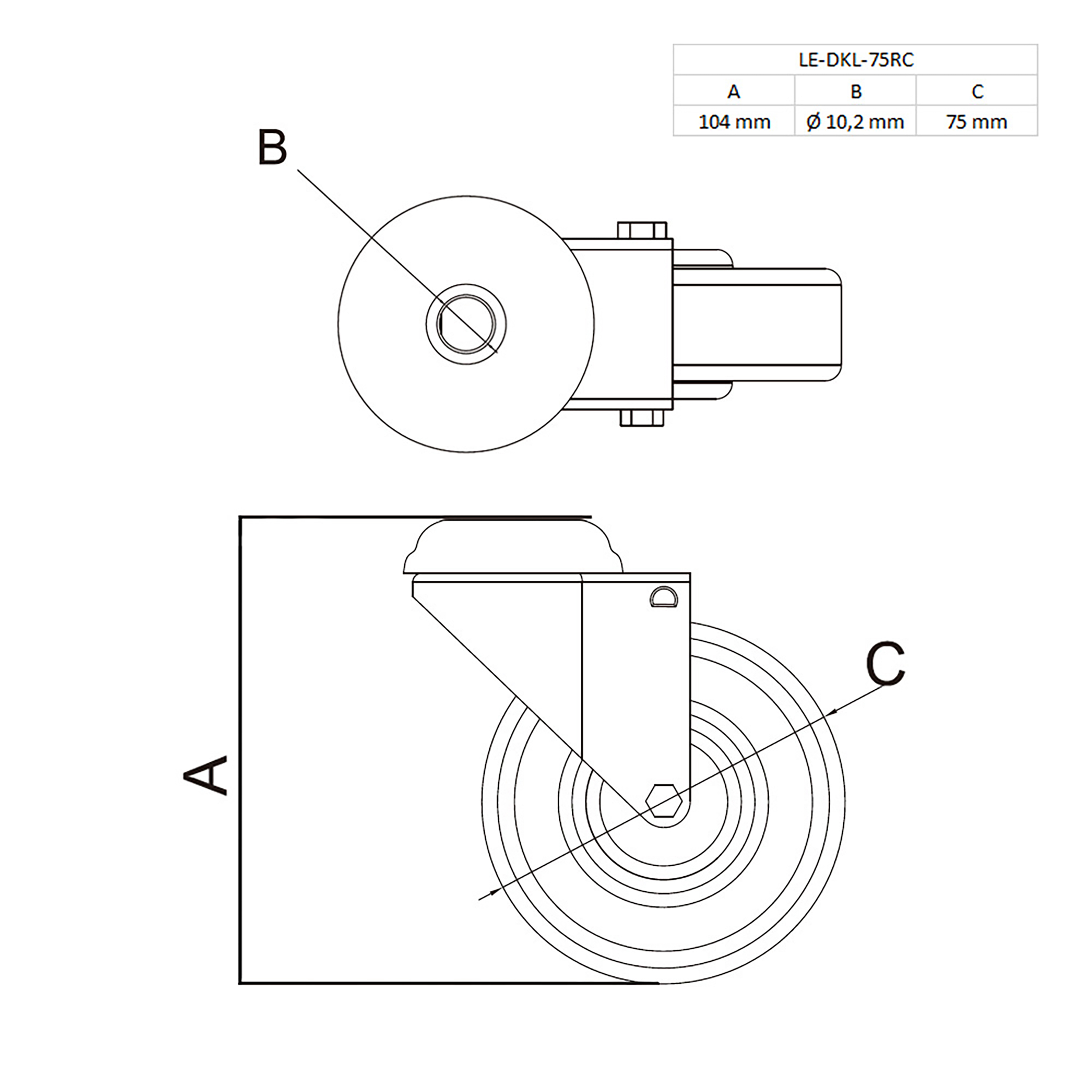 Lenkrolle Gummirolle mit Bremse Ø75mm Rückenloch Ø10,2mm für Aluprofil - 1 Stück
