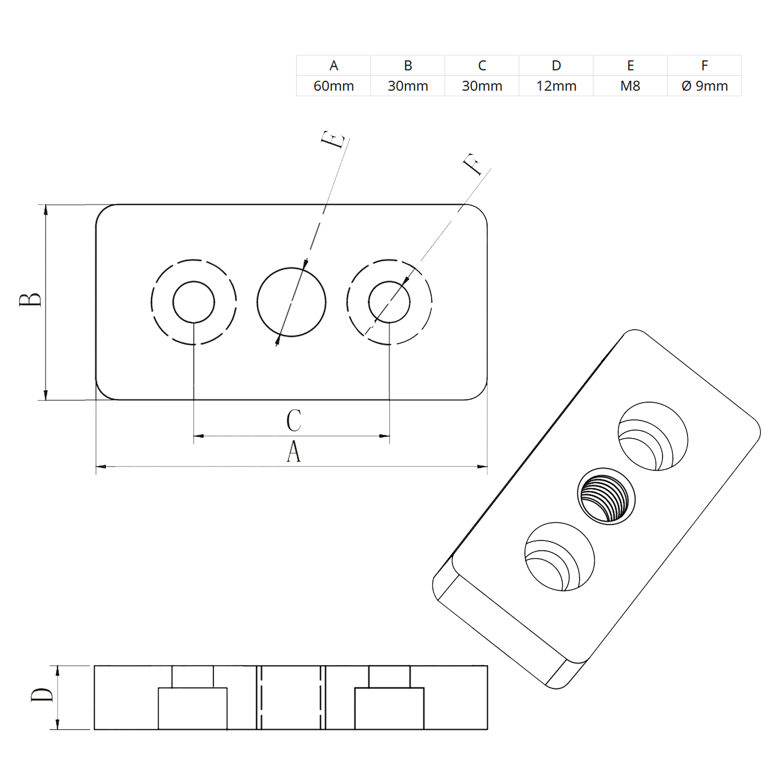 Adapter- & Fußplatte Aluprofil 3060, silbergrau – M8 ohne Stellfuß