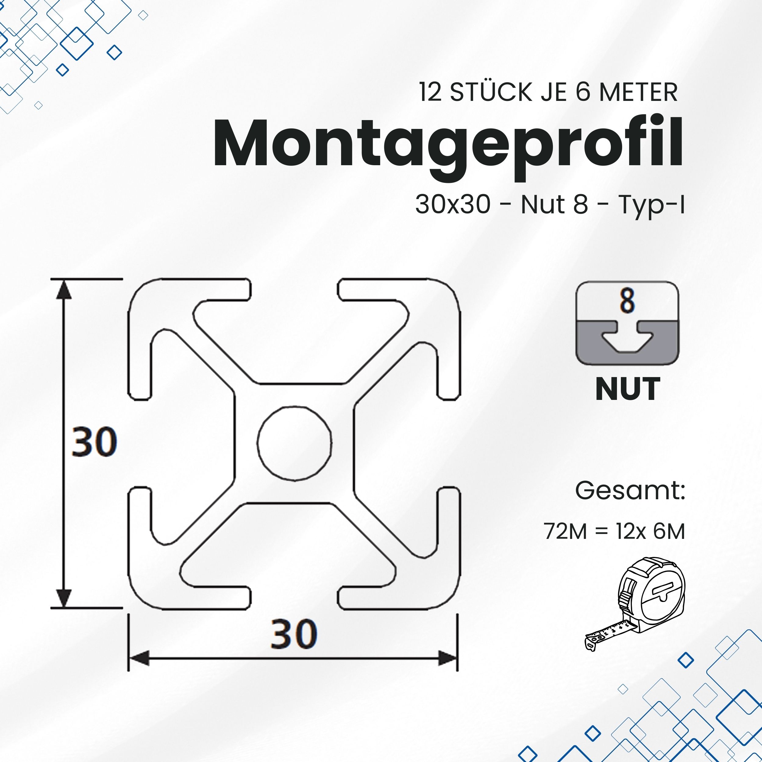 Alu Profil 12 Stück 30x30mm 6m System-, Montage-, Konstruktionsprofil Nut 8 Alu Profil 12 Stück 30x30mm 6m System-, Montage-, Konstruktionsprofil Nut 8