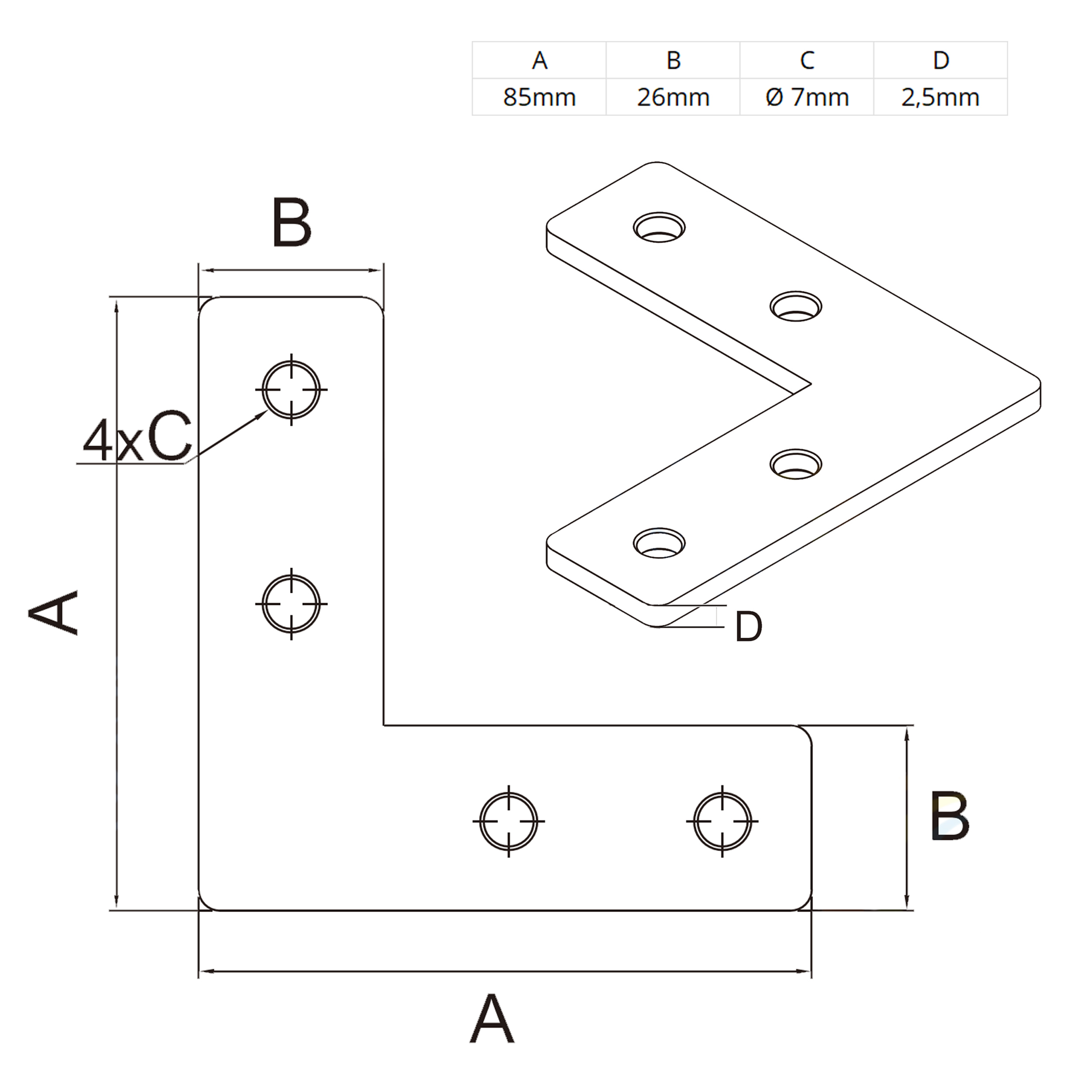 Verbinderplatte - L - 85x85mm Aussen L-Schnekel Flachverbinder 30x30 Aluprofil - 4 Stück