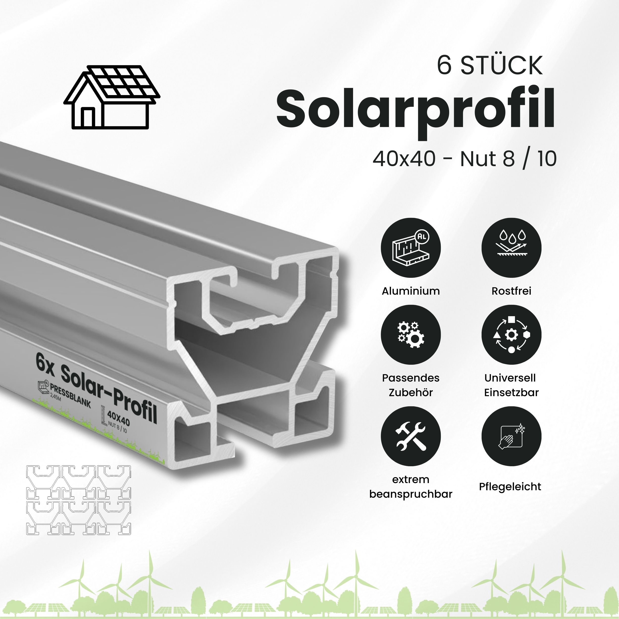 Solarprofile - 6x 40x40 - 2,45m - silber Profile - ohne MwSt. - TKSK-30 - PV-Profile - für Kreuzklemme - Zubehör