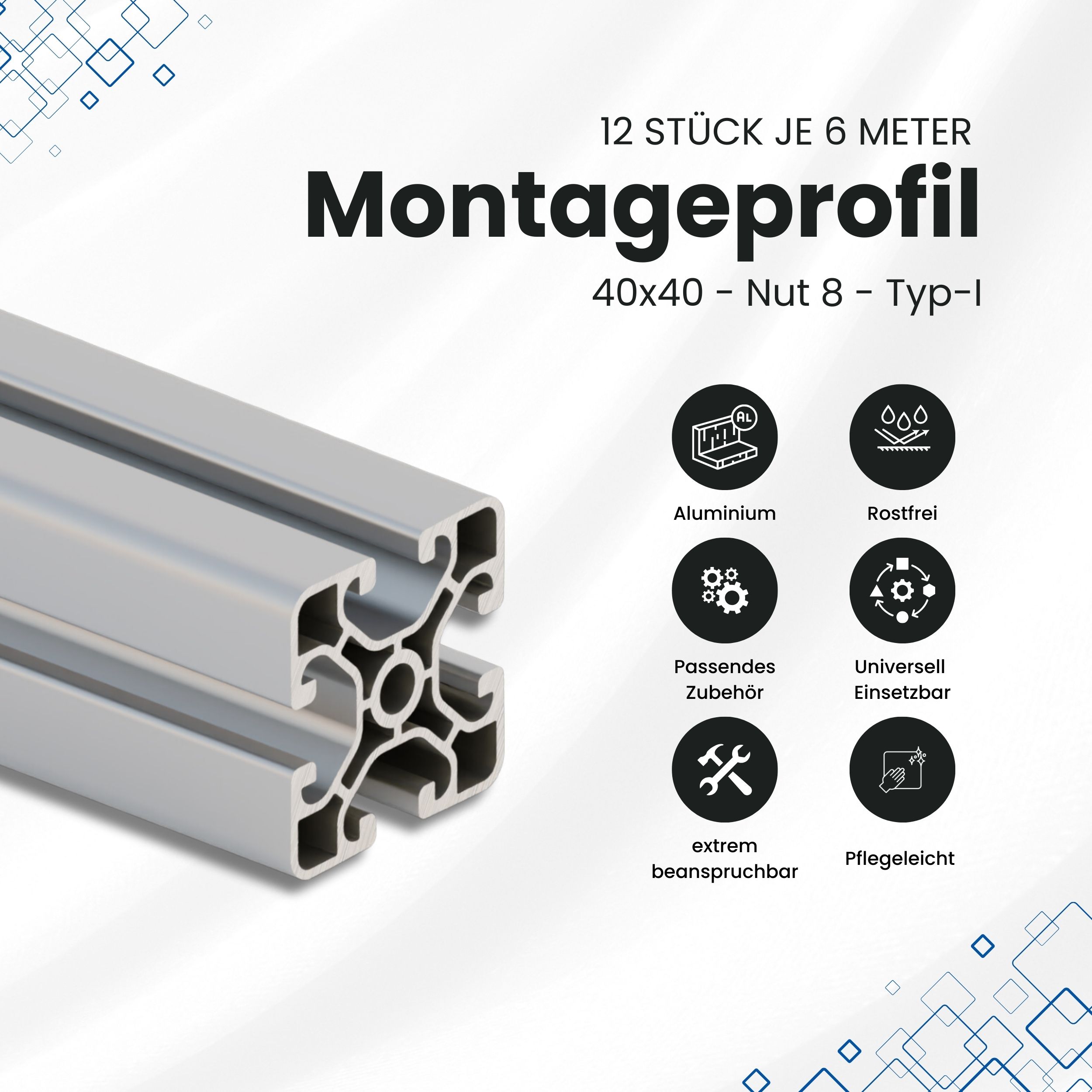 Alu Profil 12 Stück 40x40mm light 6m System-, Montage-, Konstruktionsprofil Nut8