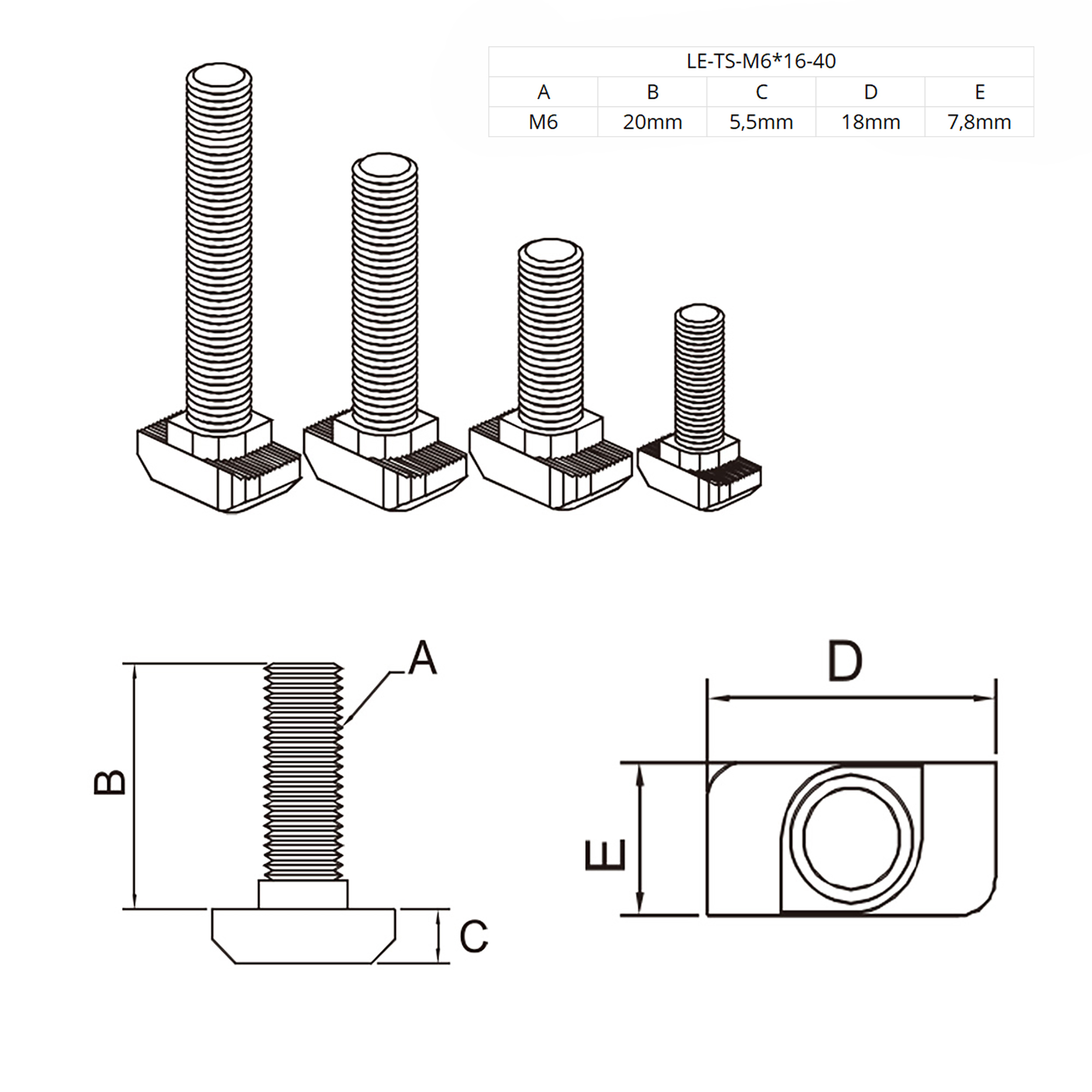 Hammerschraube T-Schraube M6 20mm Nut 8 für Aluprofil 40-er Hammerkopfschraube T-Schraube M6 20mm Nut 8 Aluprofil 40-er 1 Stück