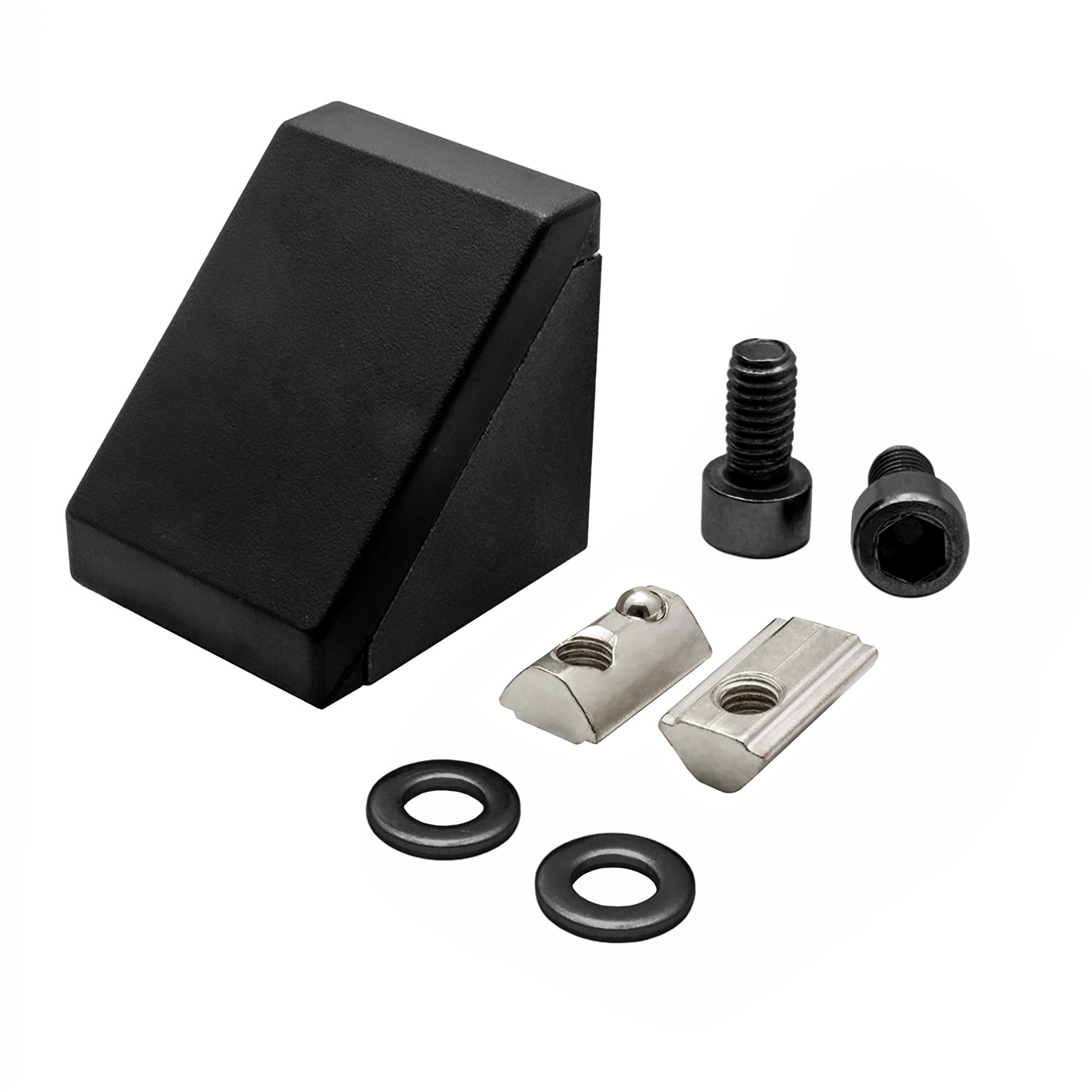 Befestigungswinkel ink. Schrauben und Nutensteine Nut 8 für Aluprofil 40-er schwarz Befestigungswinkel ink. Schrauben und Nutensteine Nut 8 für Aluprofil 40-er schwarz 1 Stück + Abdeckkappe