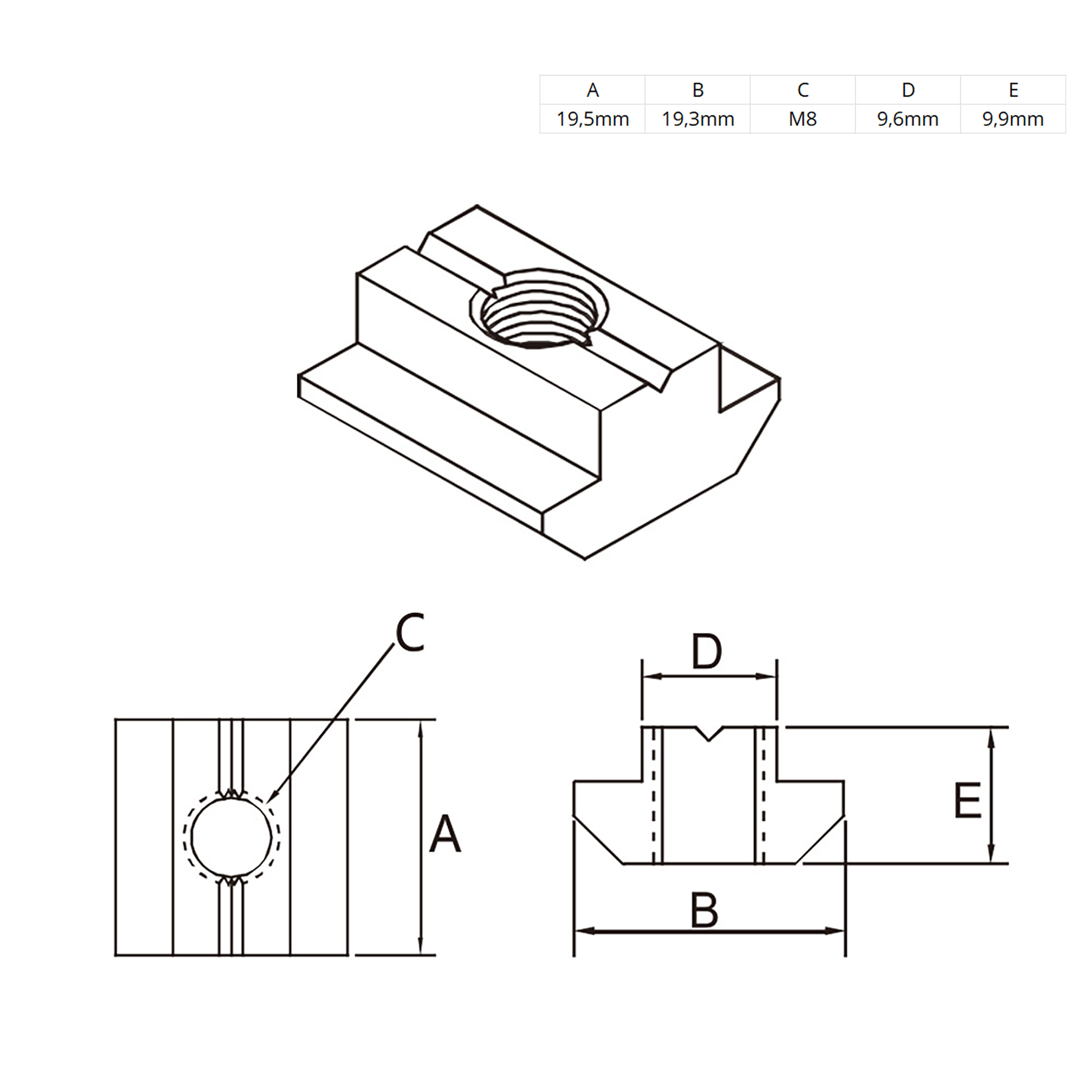 Edelstahl Nutenstein schwer Gleitmutter M8 Nut 10 für Aluprofil 45-er Edelstahl Nutenstein schwer Gleitmutter M8 Nut 10 für Aluprofil 45-er - 100 Stück