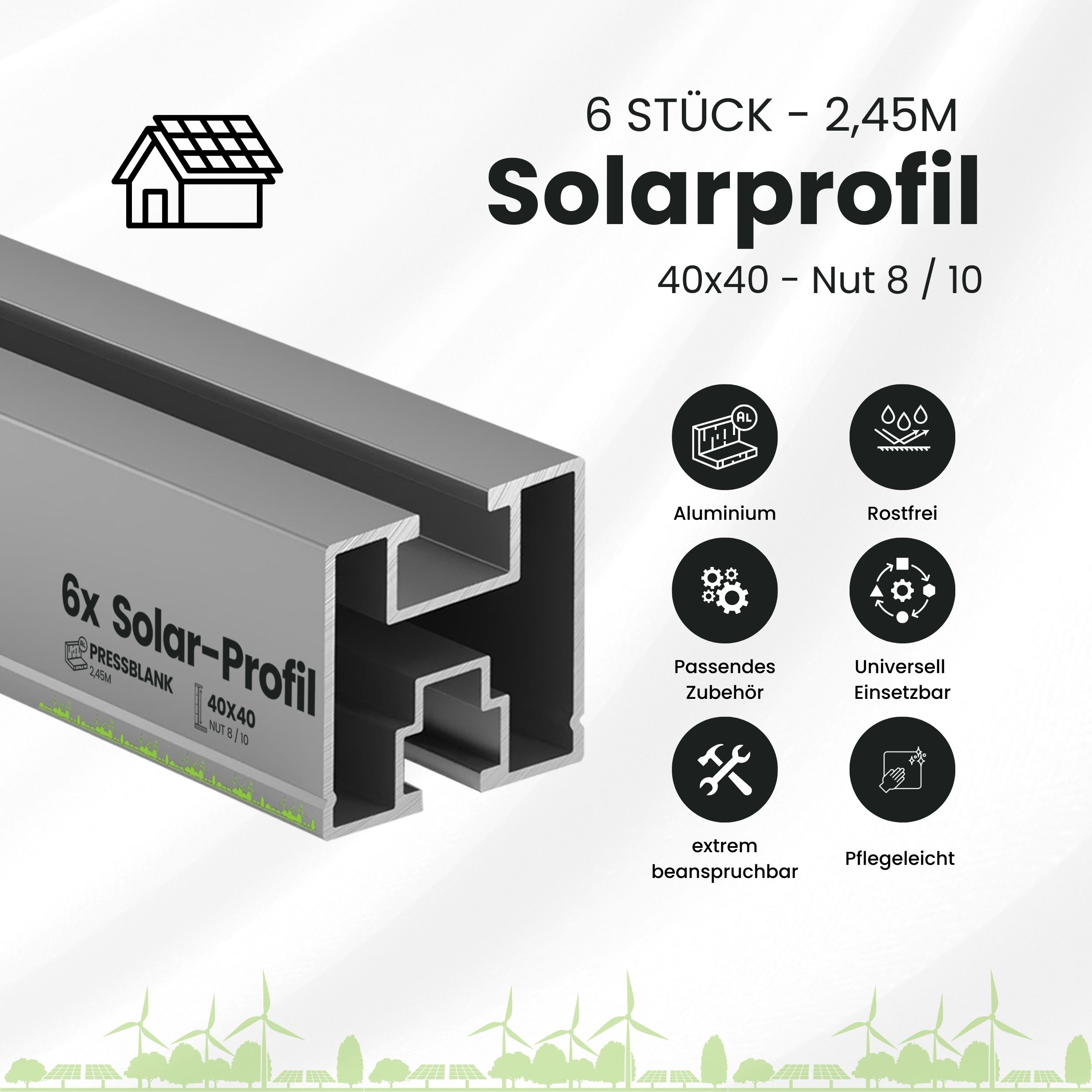 Solarprofile - 6x 40x40 - 2,54m - silber Profile - ohne MwSt. - TKS-40 - PV-Profile - Zubehör - Befestigungssystem
