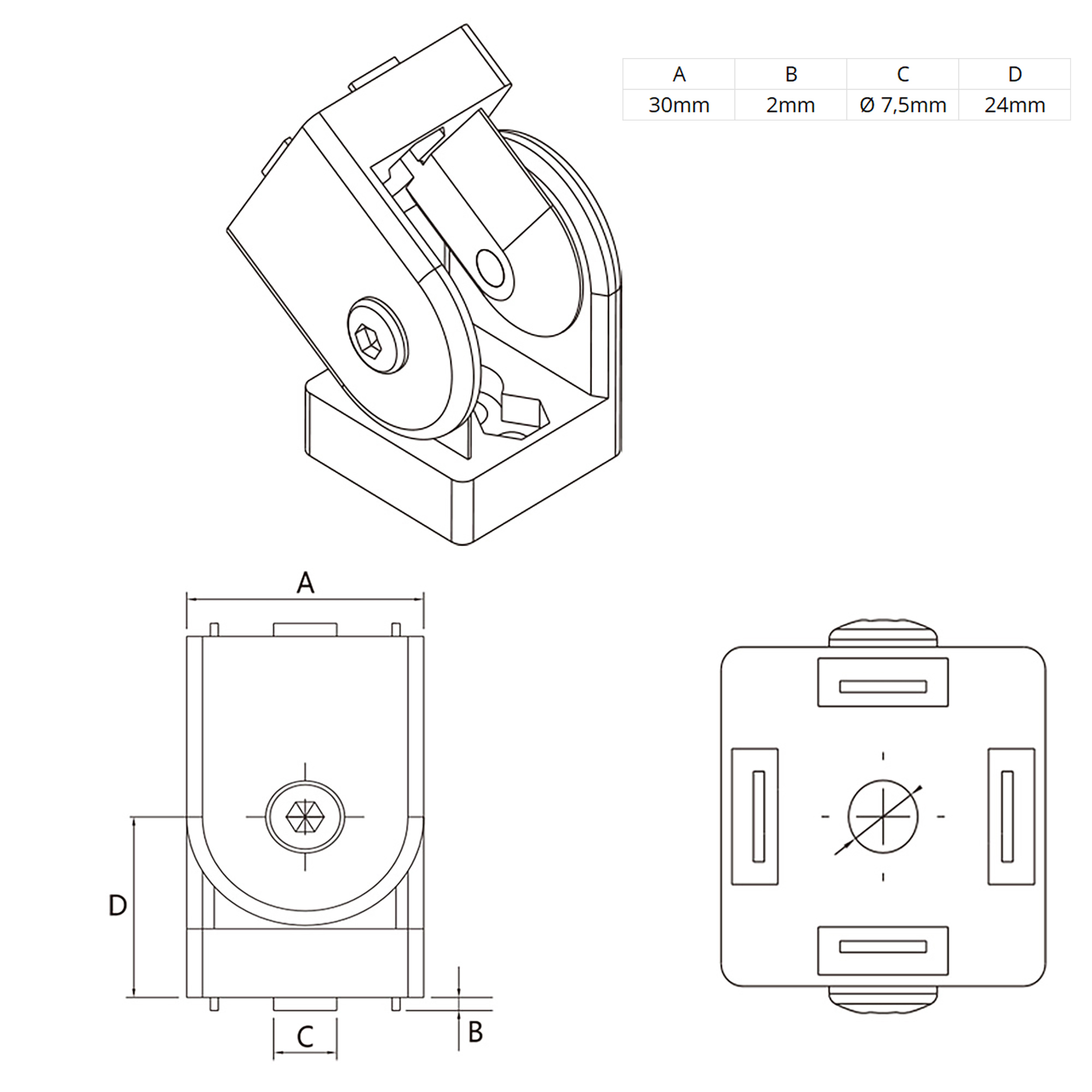 Gelenkverbinder Gelenk mit Klemmhebel Nut 8 für Aluprofil 30-er - 4 Stück