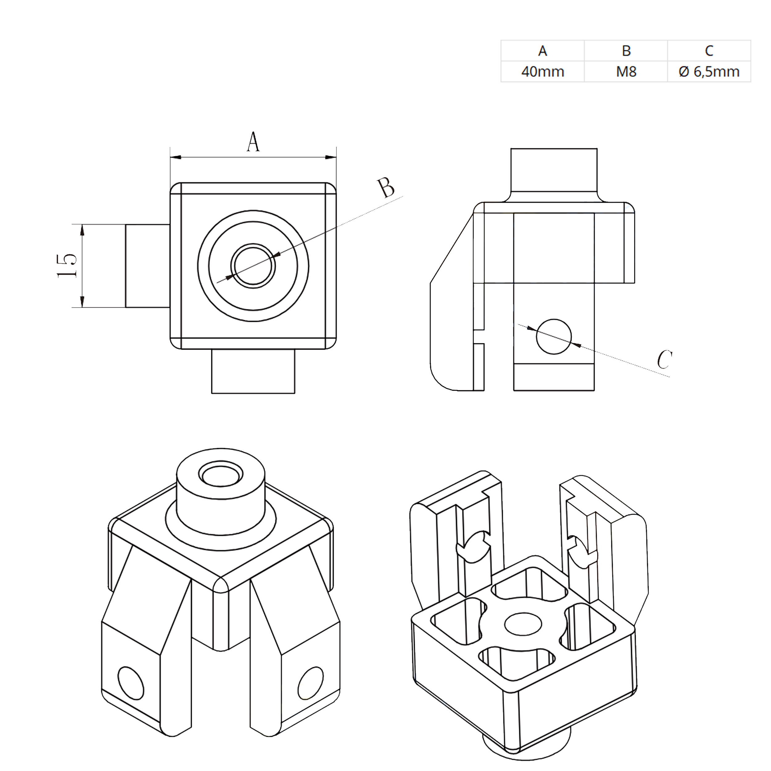 KLAK 40 - Adapter- & Fußplatte Aluprofil 40x40 - mit M8 Ø50mm Stellfuss