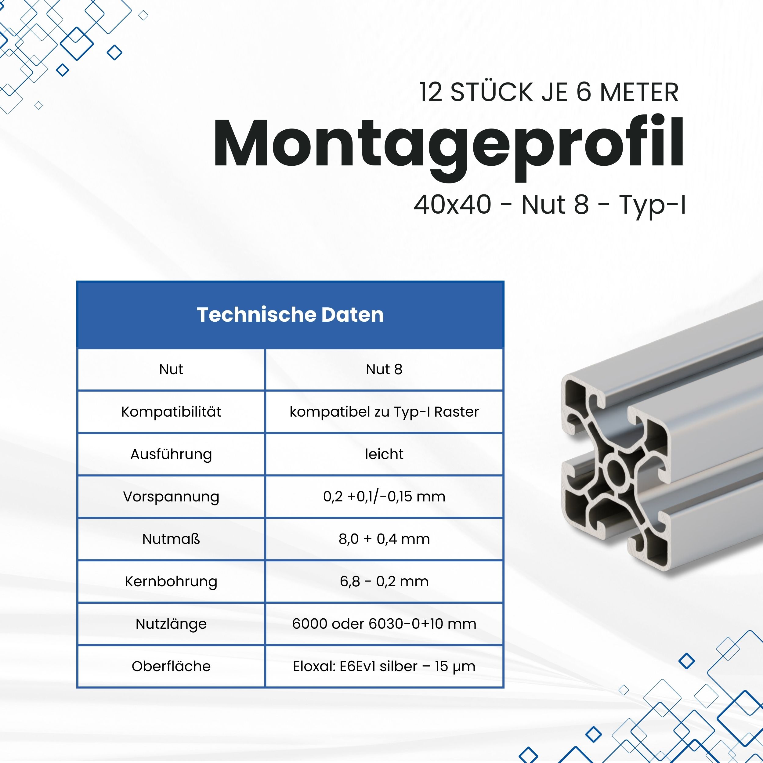 Alu Profil 12 Stück 40x40mm light 6m System-, Montage-, Konstruktionsprofil Nut8 Alu Profil 12 Stück 40x40mm light 6m System-, Montage-, Konstruktionsprofil Nut8