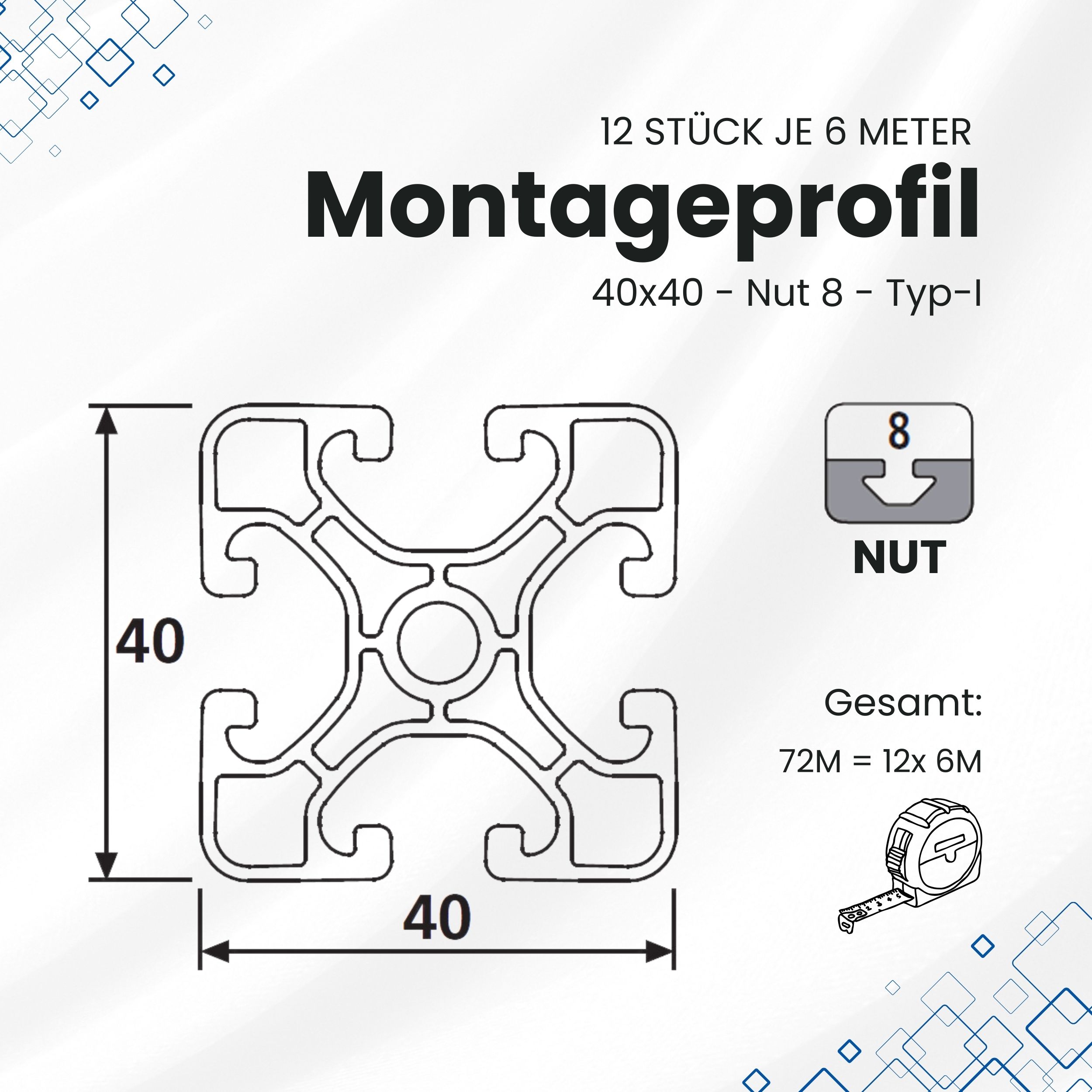 Alu Profil 12 Stück 40x40mm light 6m System-, Montage-, Konstruktionsprofil Nut8 Alu Profil 12 Stück 40x40mm light 6m System-, Montage-, Konstruktionsprofil Nut8