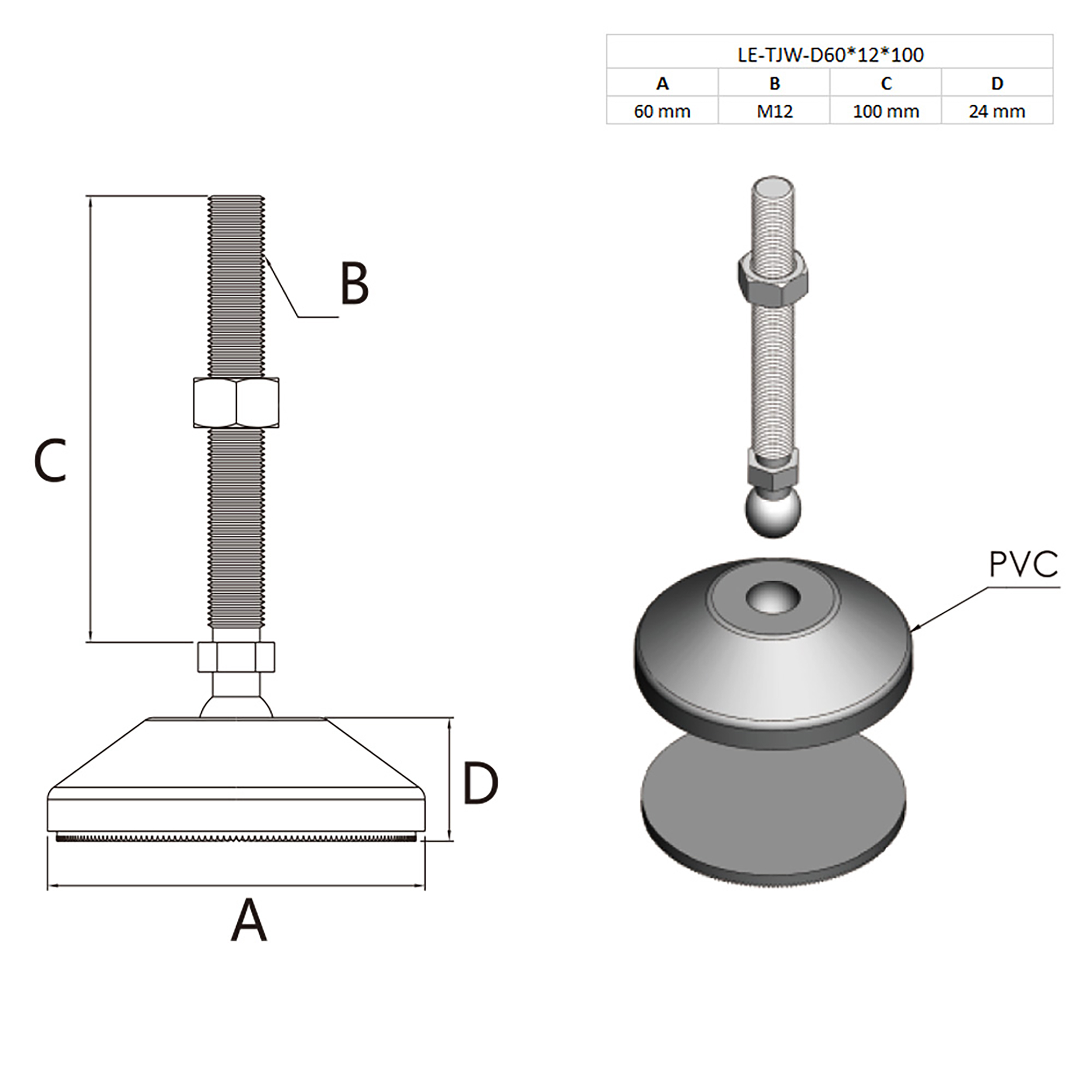 Gelenkfuss Standfuss M12x100mm Teller 60mm für Aluprofil 45-er - 1 Stück